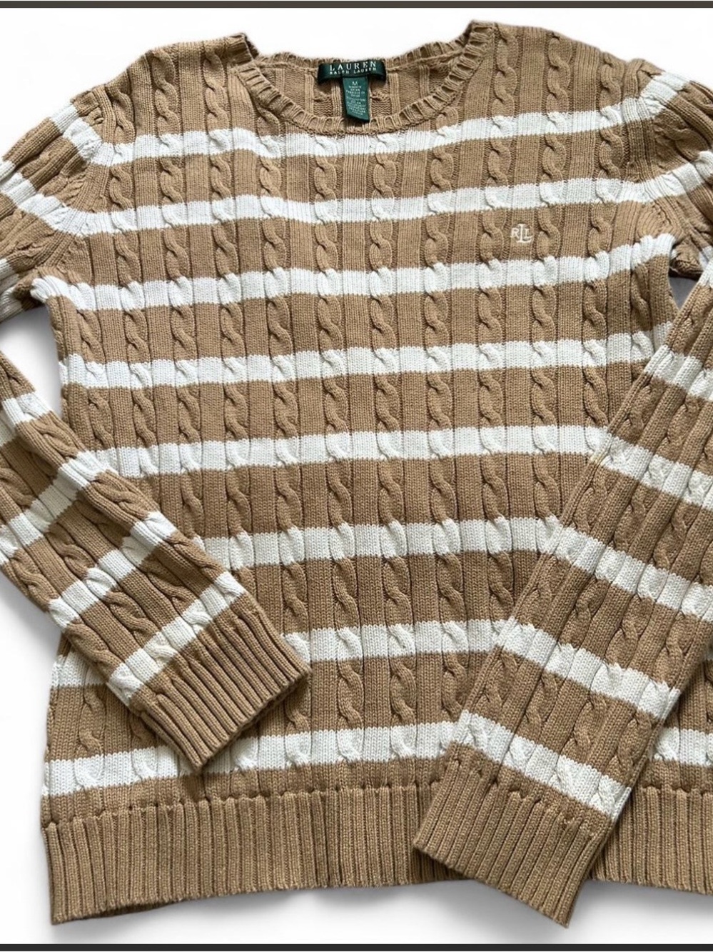 Ralph Lauren Tan and White Striped Cable-Knit Crewneck Sweater